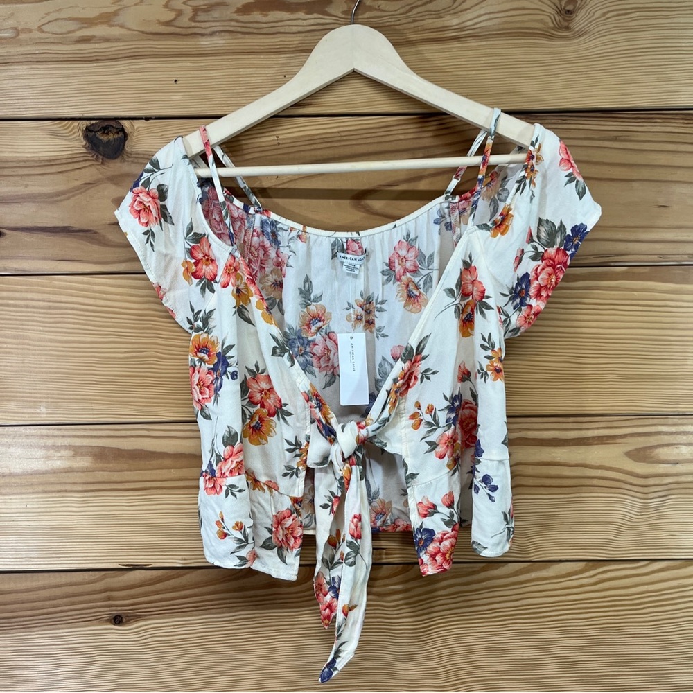 American Eagle Outfitters Cold Shoulder Tie Front Shirt Ivory Small Floral NWT